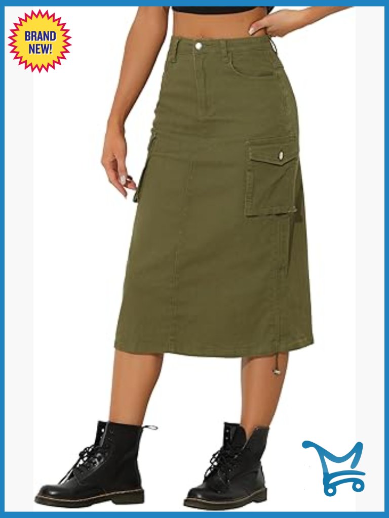 Cargo Skirt Y2k Adjustable Back Slit High Waist Casual A-Line Midi Jean Skirt